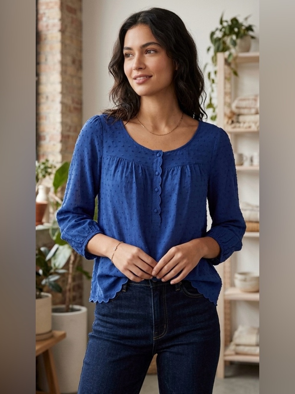 Anthropologie Maeve Blue Swiss Dot Scalloped Hem Blouse - 3/4 Sleeves